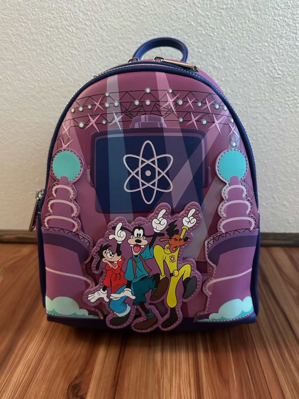 NWT Loungefly Disney Goofy Max Powerline Eye to eye Purple GITD Mini Backpack